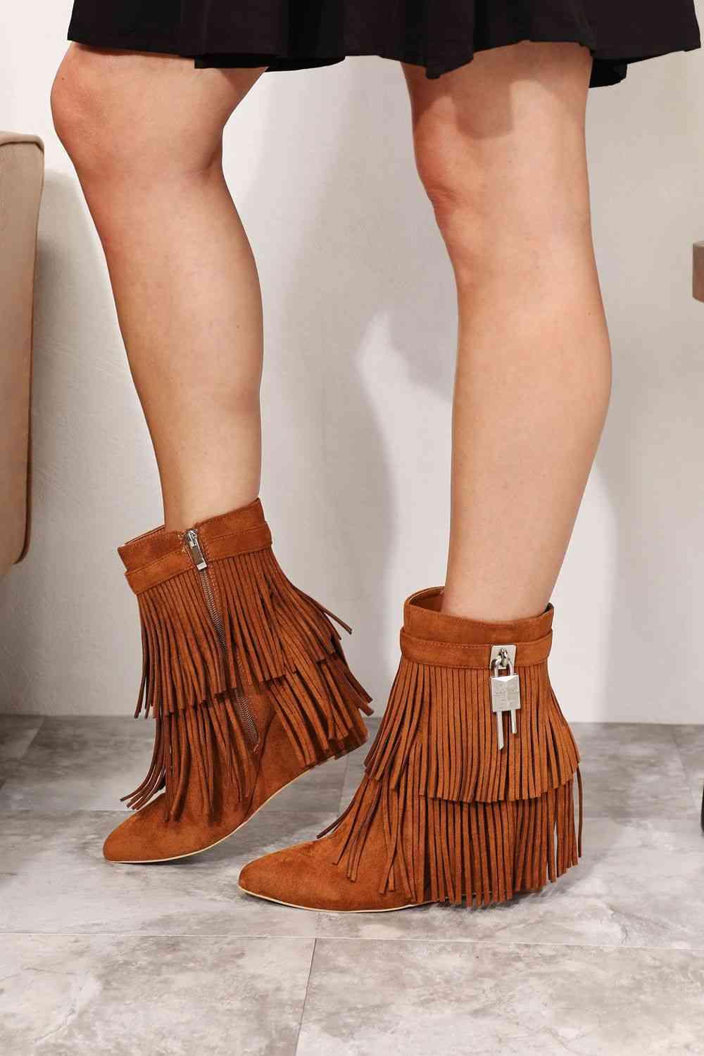 Legend Women's Tassel Wedge Heel Ankle Booties - Browngold Fashion