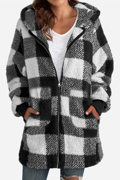 Double Take Full Size Plaid Long Sleeve Hooded Coat - Browngold Fashion