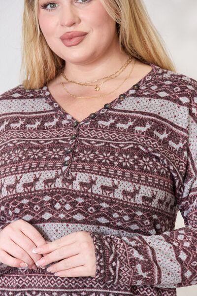 Heimish Full Size Christmas Element Buttoned Long Sleeve Top - Browngold Fashion