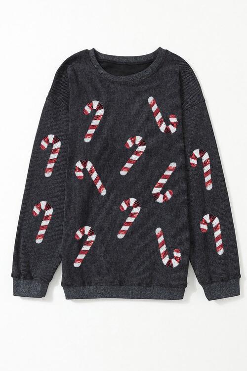 Sequin Candy Cane Round Neck Sweatshirt - Browngold Fashion