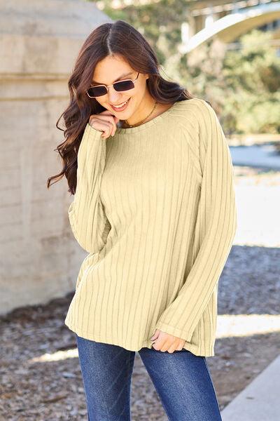 Basic Bae Full Size Ribbed Round Neck Long Sleeve Knit Top - Browngold Fashion