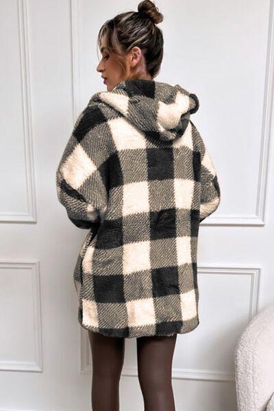 Double Take Full Size Plaid Long Sleeve Hooded Coat - Browngold Fashion