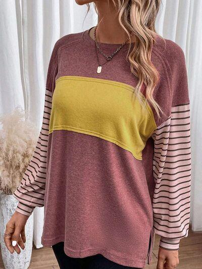 Round Neck Striped Long Sleeve Slit T-Shirt - Browngold Fashion