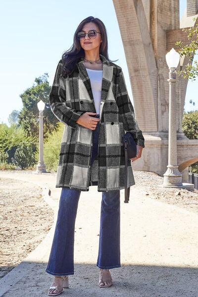 Double Take Full Size Plaid Button Up Lapel Collar Coat - Browngold Fashion