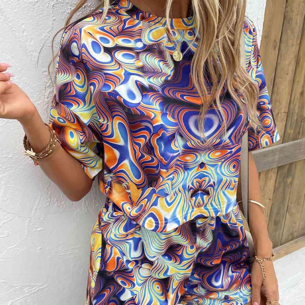 Printed Round Neck Dropped Shoulder Half Sleeve Top and Shorts Set - Browngold Fashion