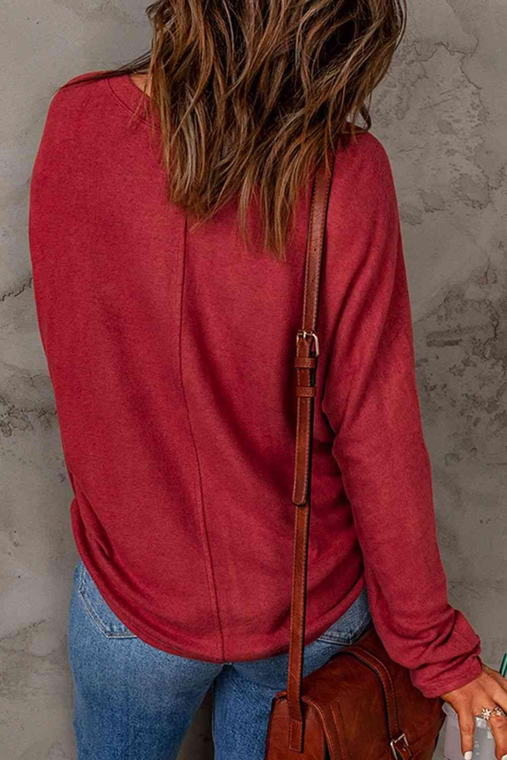 Seam Detail Round Neck Long Sleeve Top - Browngold Fashion