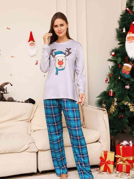 Full Size Rudolph Graphic Long Sleeve Top and Plaid Pants Set - Browngold Fashion