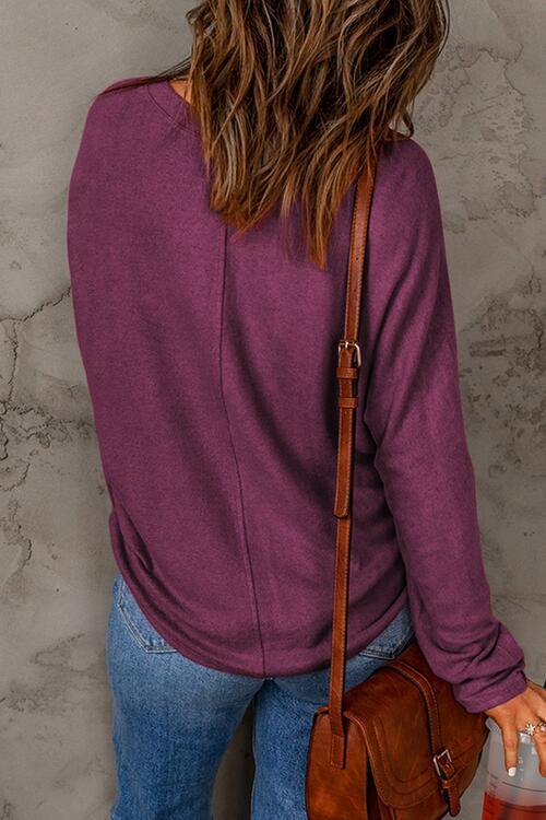 Seam Detail Round Neck Long Sleeve Top - Browngold Fashion