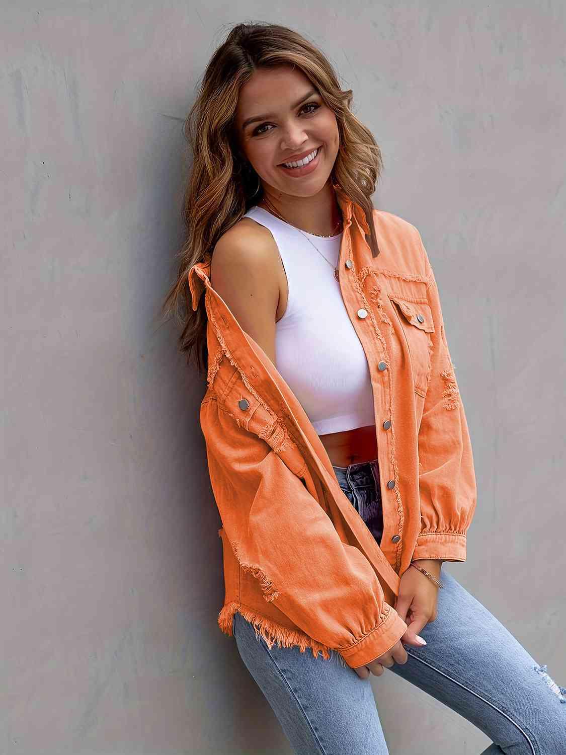 Distressed Drop Shoulder Denim Jacket - Browngold Fashion