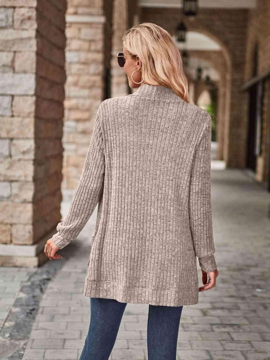 Open Front Cardigan with Pockets - Browngold Fashion