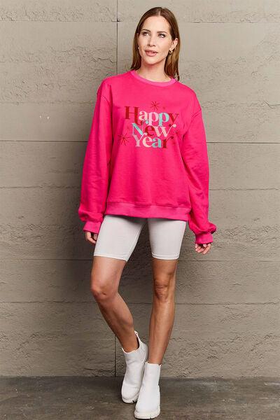 Simply Love Full Size HAPPY NEW YEAR Round Neck Sweatshirt - Browngold Fashion