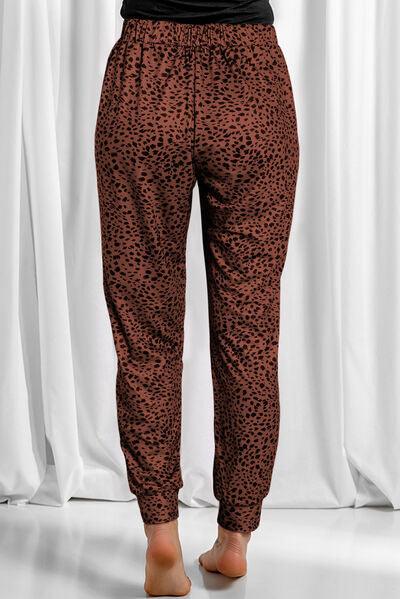 Full Size Leopard Drawstring Pocketed Pants - Browngold Fashion