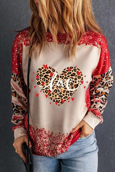 LOVE Heart Leopard Round Neck Sweatshirt - Browngold Fashion