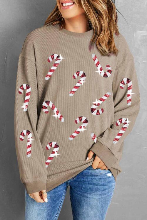 Sequin Candy Cane Round Neck Sweatshirt - Browngold Fashion