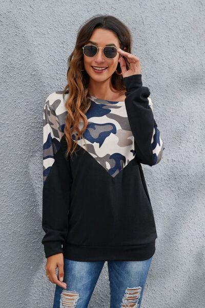 Camouflage Round Neck Long Sleeve Sweatshirt - Browngold Fashion