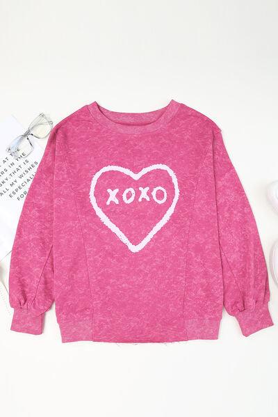 XOXO Heart Graphic Round Neck Long Sleeve Sweatshirt - Browngold Fashion