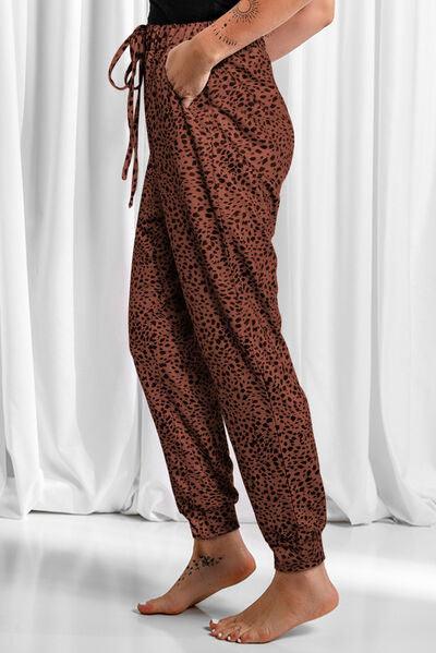 Full Size Leopard Drawstring Pocketed Pants - Browngold Fashion