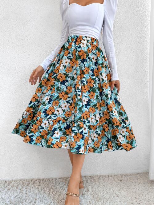 Printed Ruffle Hem Midi Skirt - Browngold Fashion