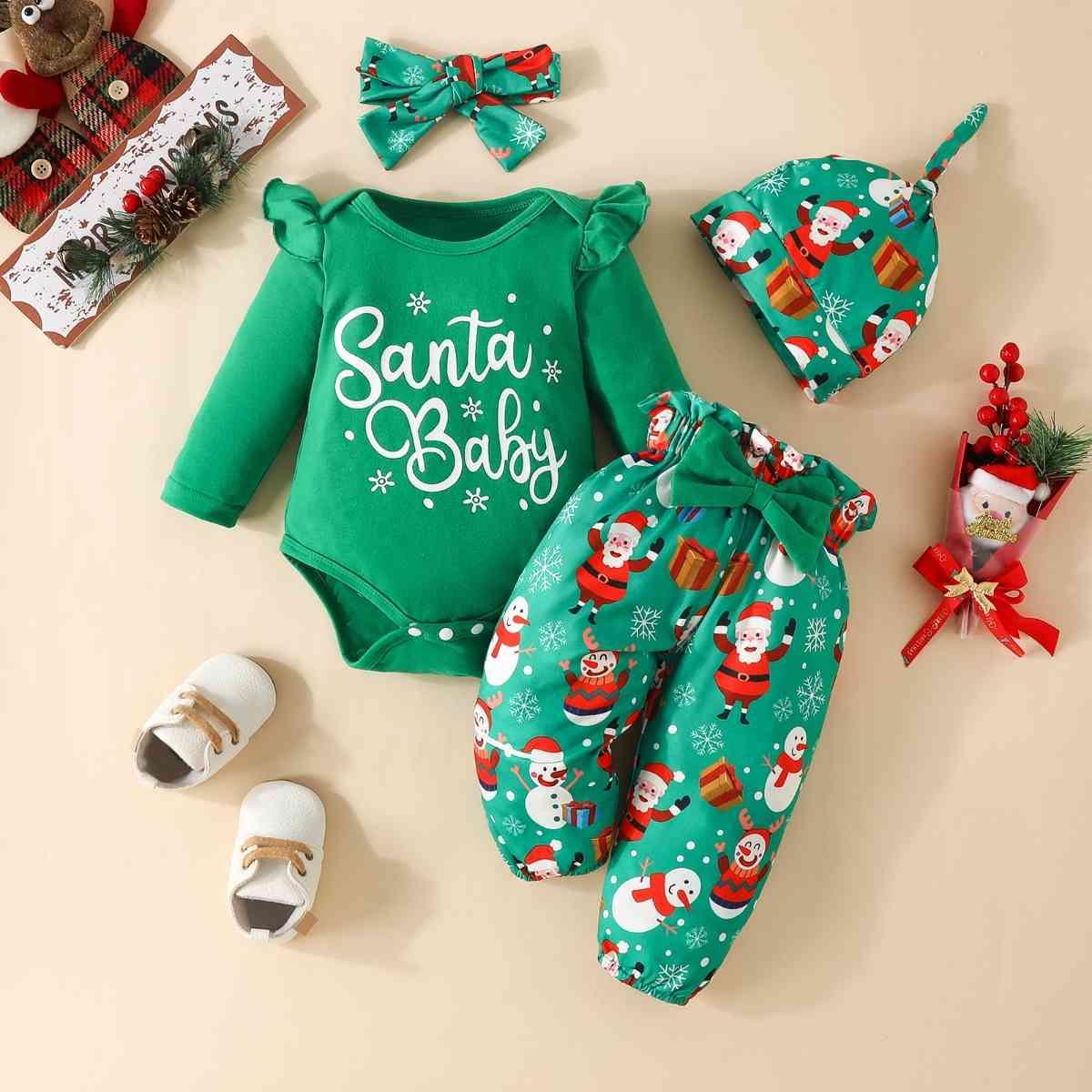 SANTA BABY Graphic Bodysuit and Pants Set - Browngold Fashion