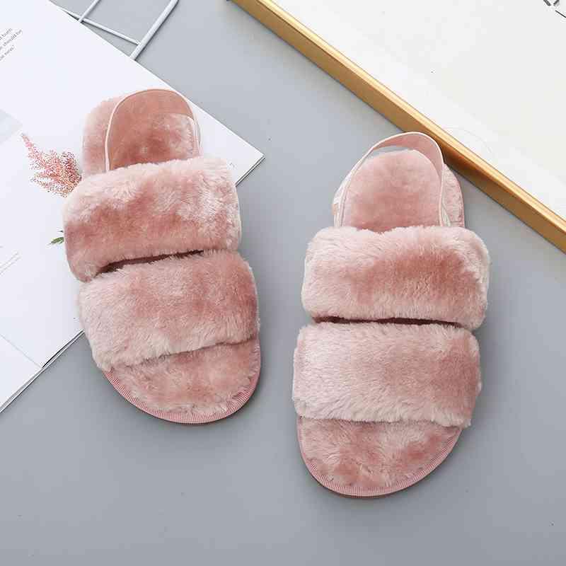 Faux Fur Open Toe Slippers - Browngold Fashion