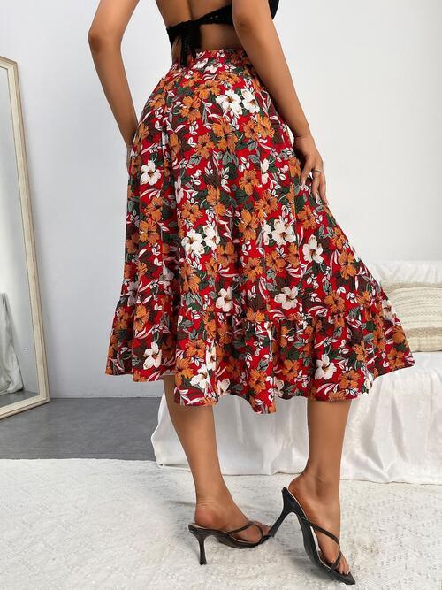 Printed Ruffle Hem Midi Skirt - Browngold Fashion