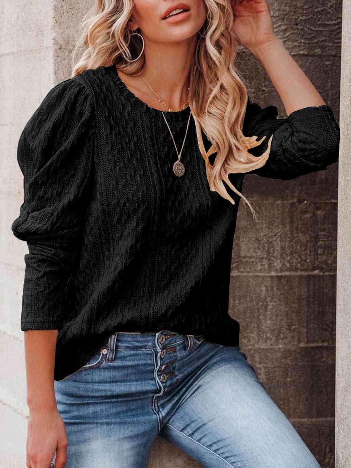 Round Neck Puff Sleeve Knit Top - Browngold Fashion