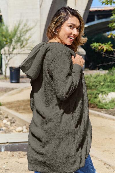 Double Take Full Size Hooded Teddy Bear Jacket with Thumbholes - Browngold Fashion