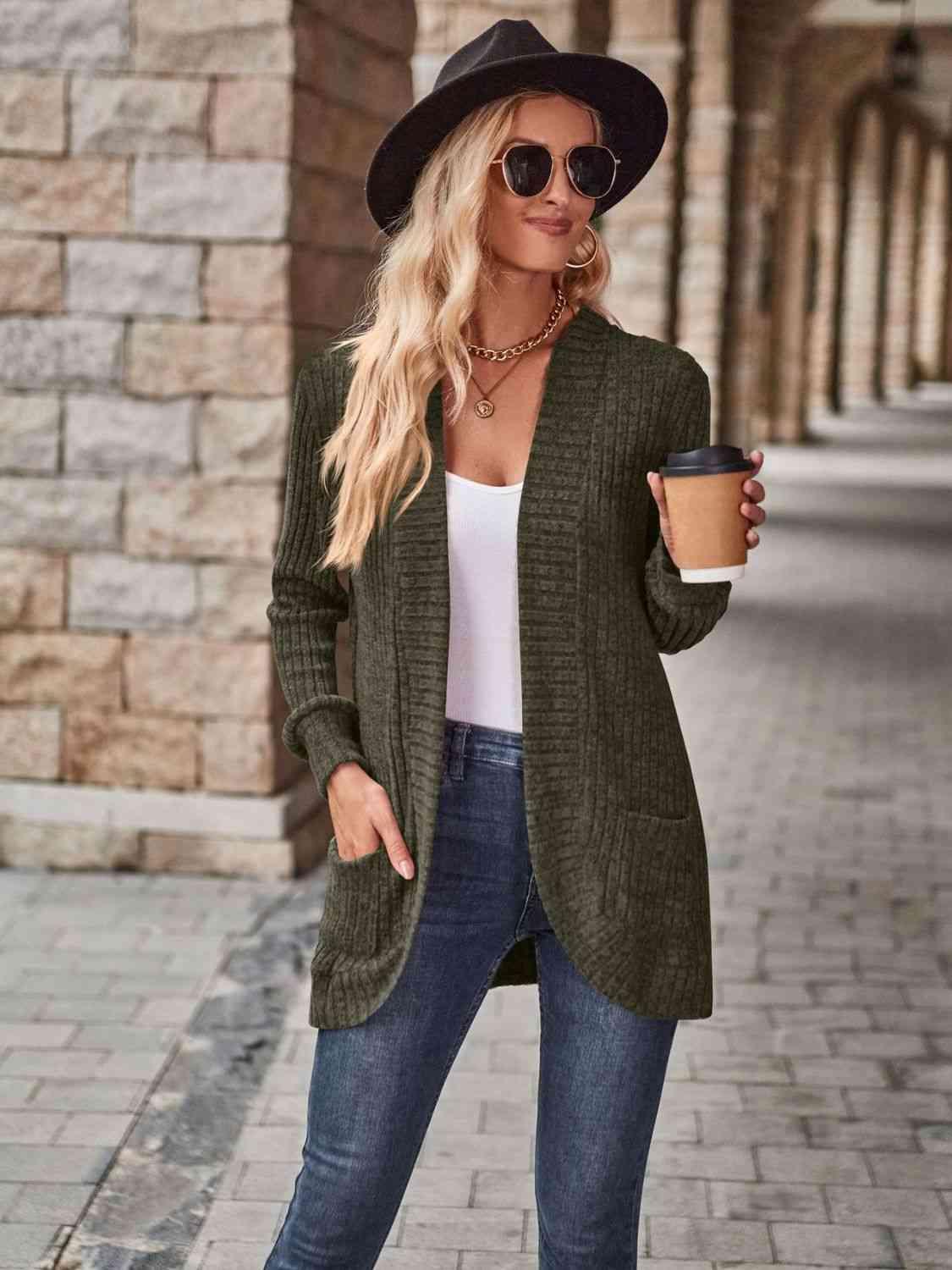 Open Front Cardigan with Pockets - Browngold Fashion