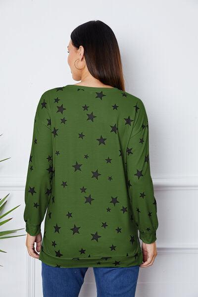 Star Print Round Neck Dropped Shoulder Sweatshirt - Browngold Fashion