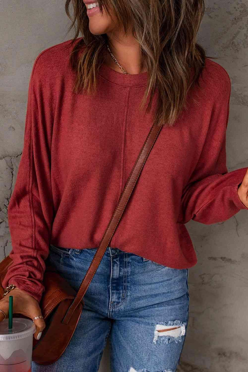 Seam Detail Round Neck Long Sleeve Top - Browngold Fashion