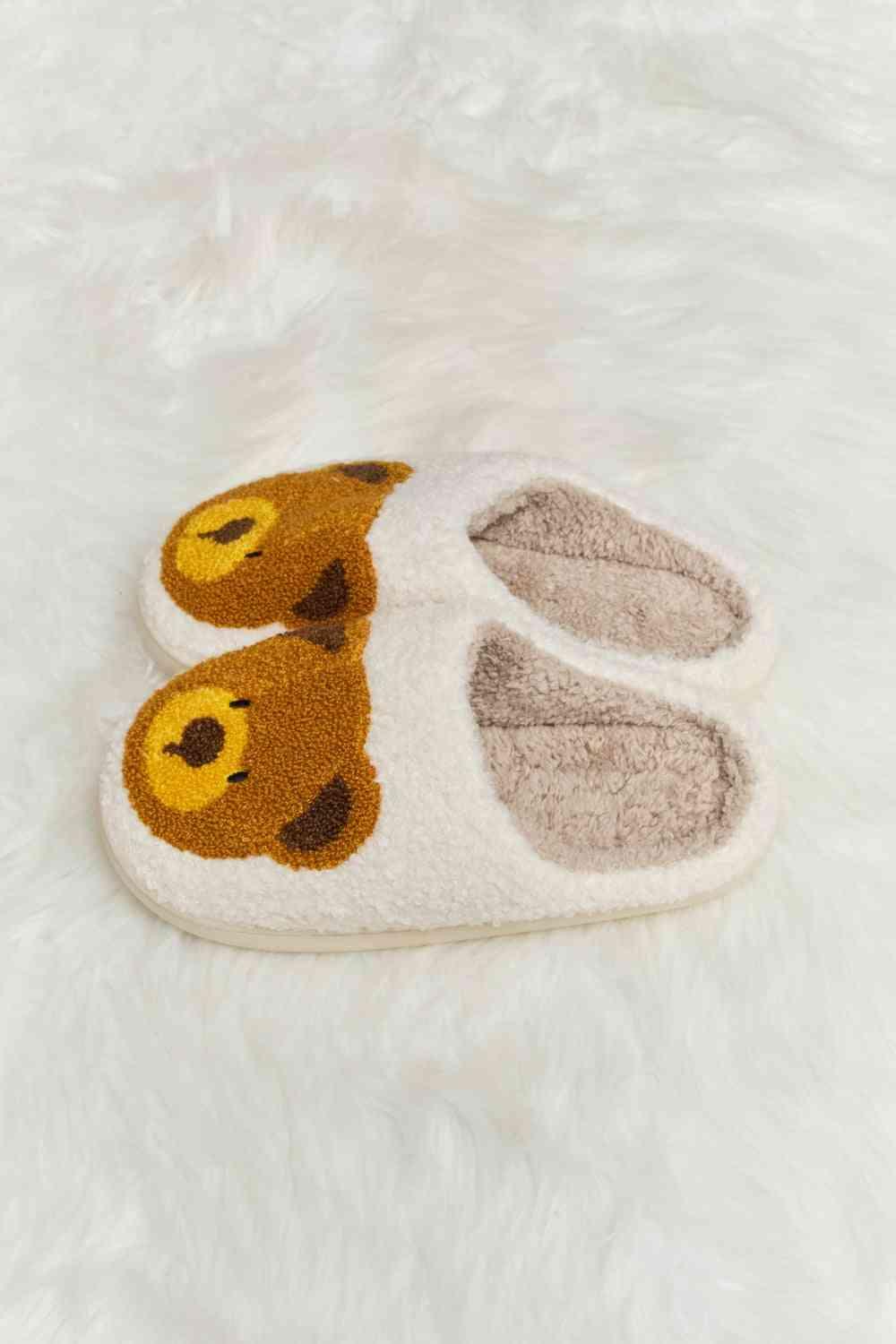 Melody Teddy Bear Print Plush Slide Slippers - Browngold Fashion