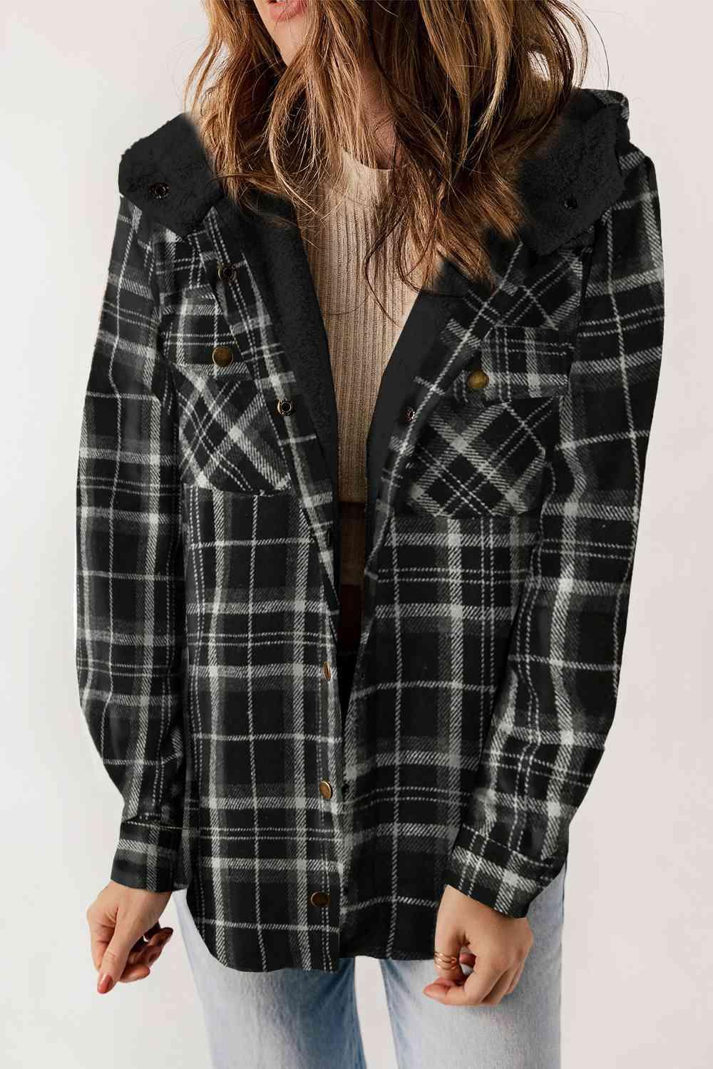 Plaid Snap Down Hooded Jacket - Browngold Fashion