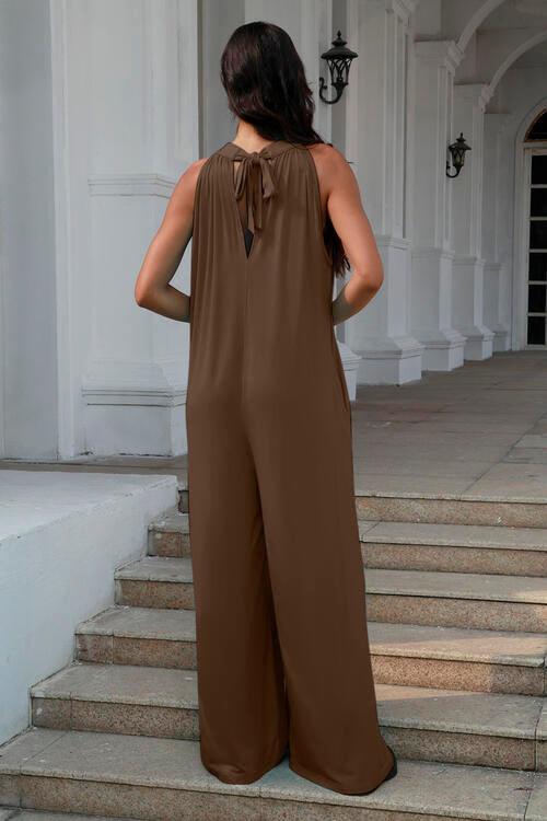 Double Take Full Size Tie Back Cutout Sleeveless Jumpsuit - Browngold Fashion