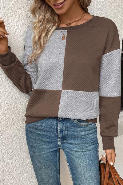 Textured Color Block Round Neck Sweatshirt - Browngold Fashion