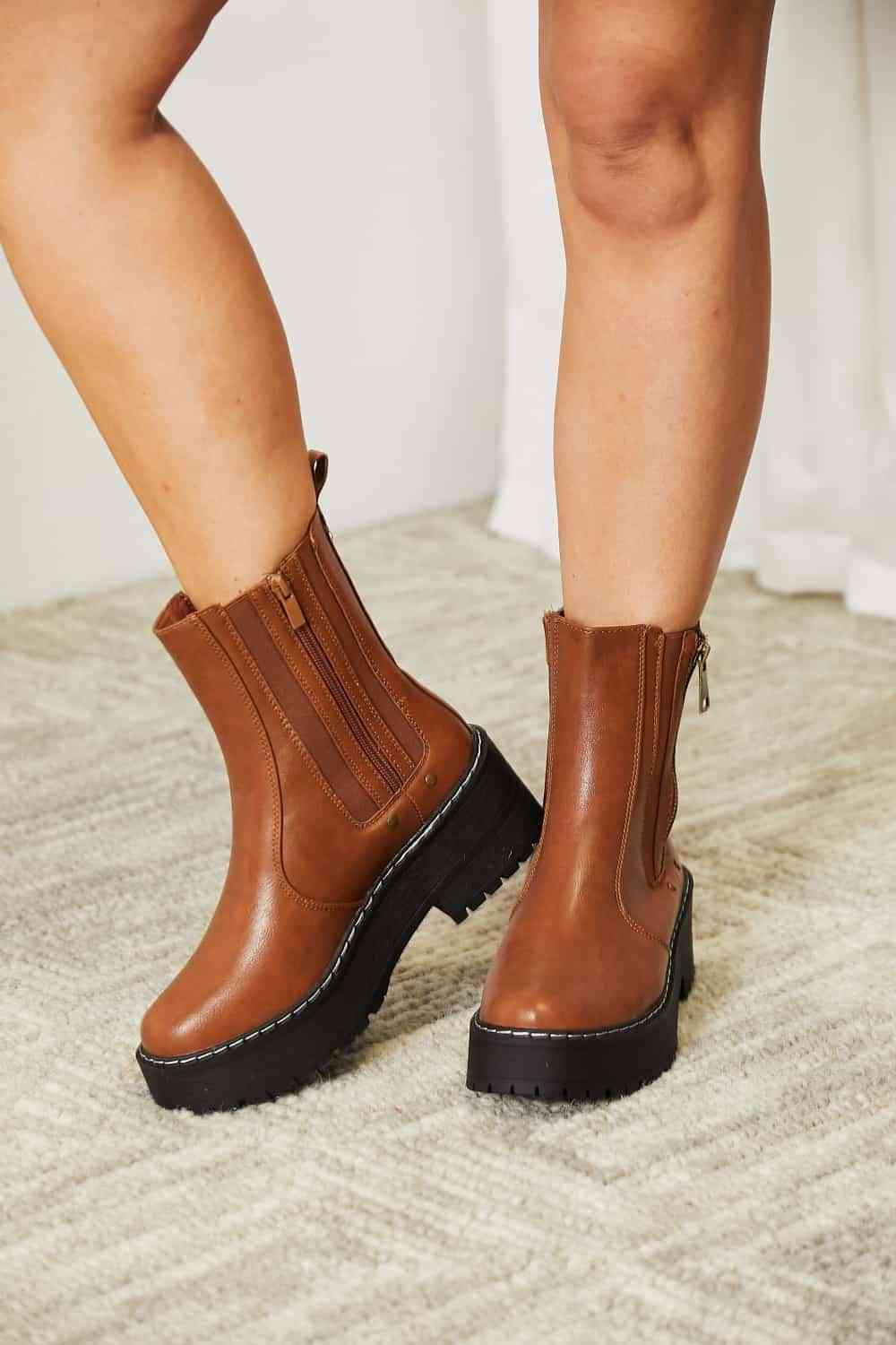 Forever Link Side Zip Platform Boots - Browngold Fashion