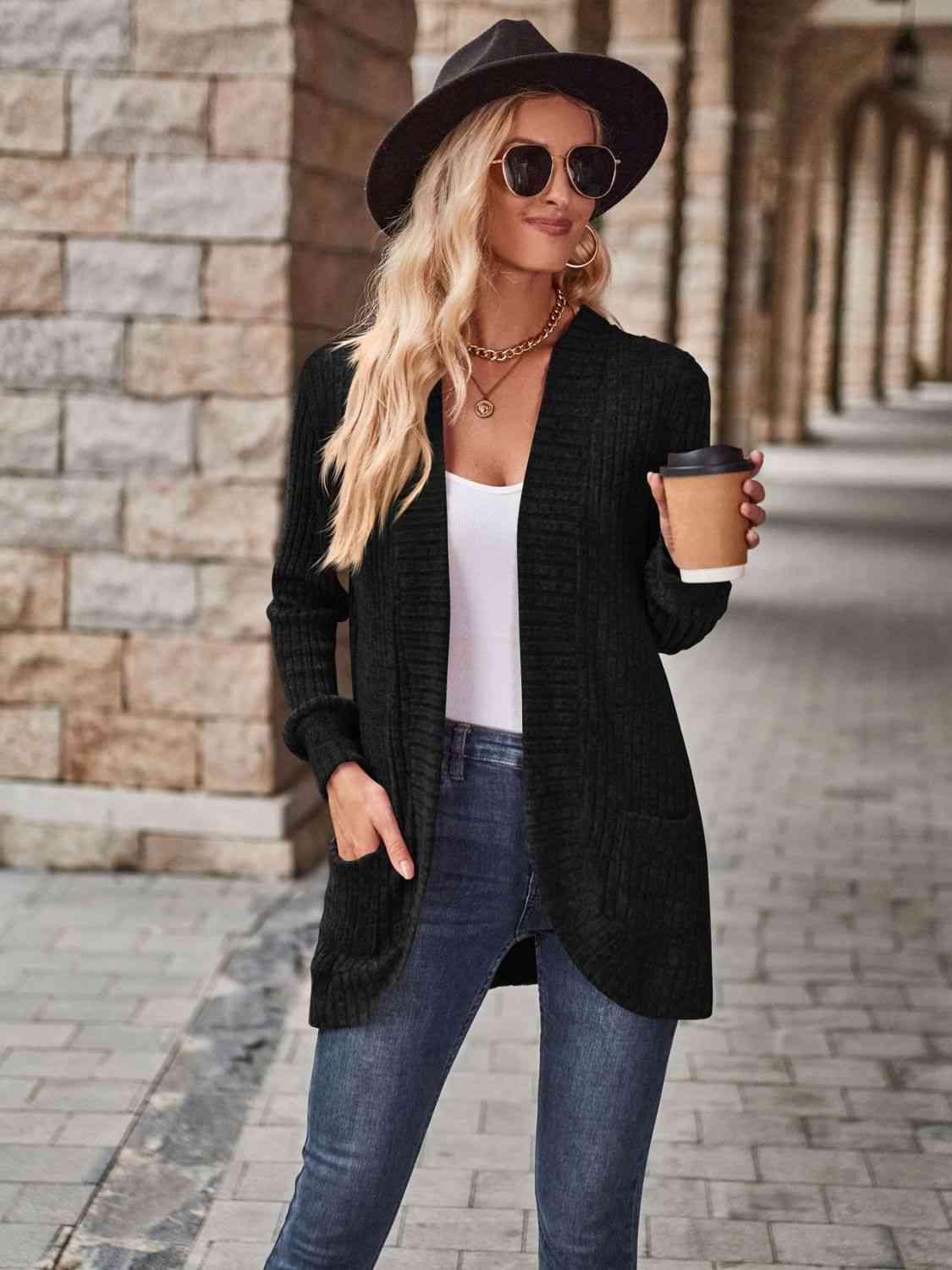 Open Front Cardigan with Pockets - Browngold Fashion