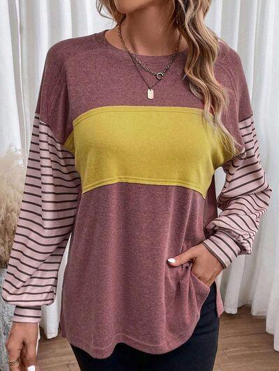 Round Neck Striped Long Sleeve Slit T-Shirt - Browngold Fashion