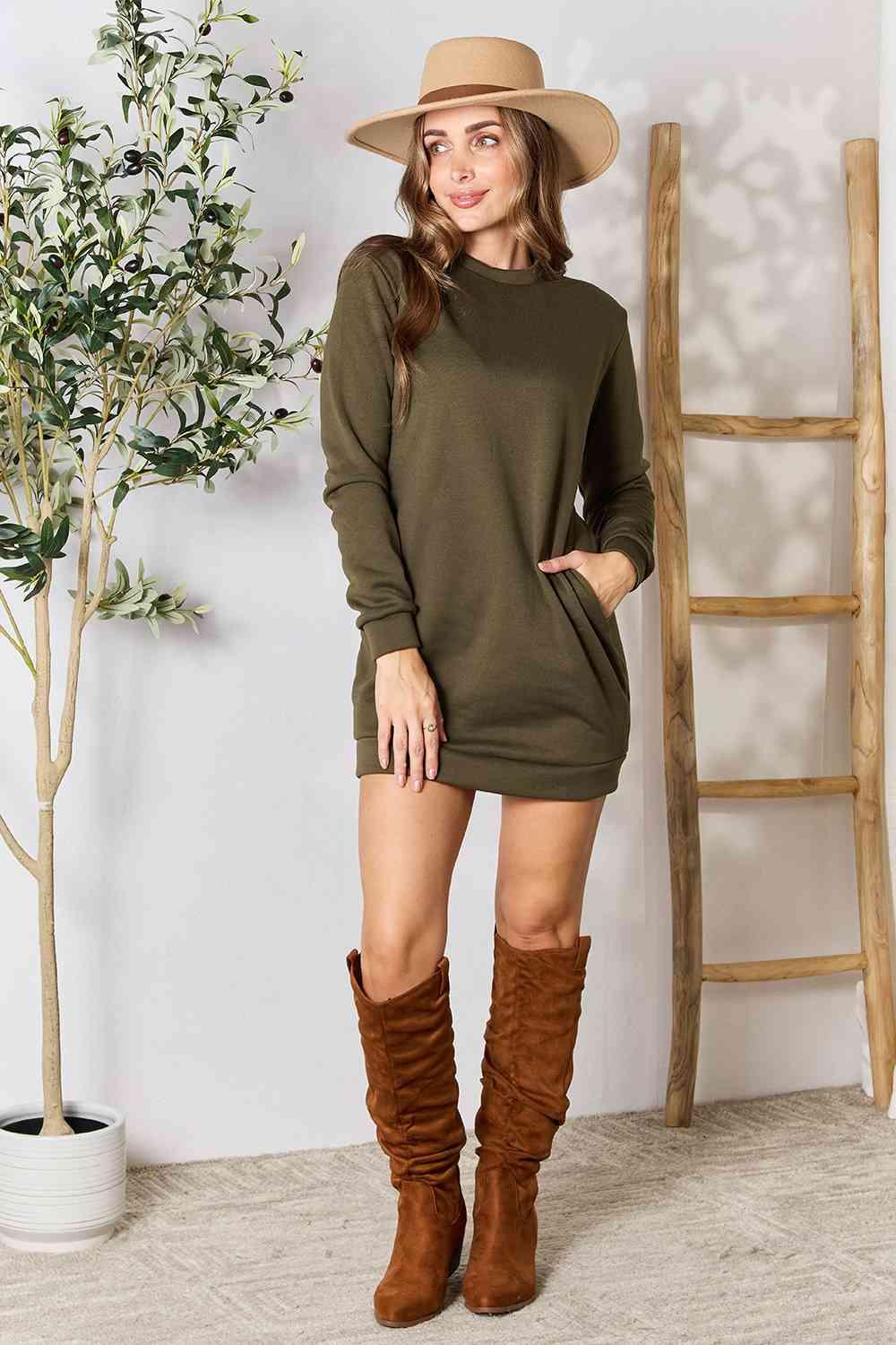 Double Take Round Neck Long Sleeve Mini Dress with Pockets - Browngold Fashion