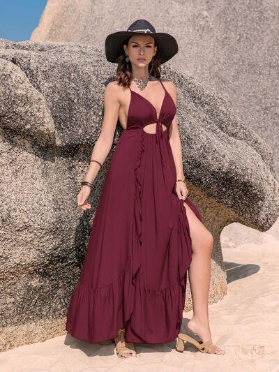 Crisscross Back Drawstring Ruffle Trim Maxi Dress - Browngold Fashion