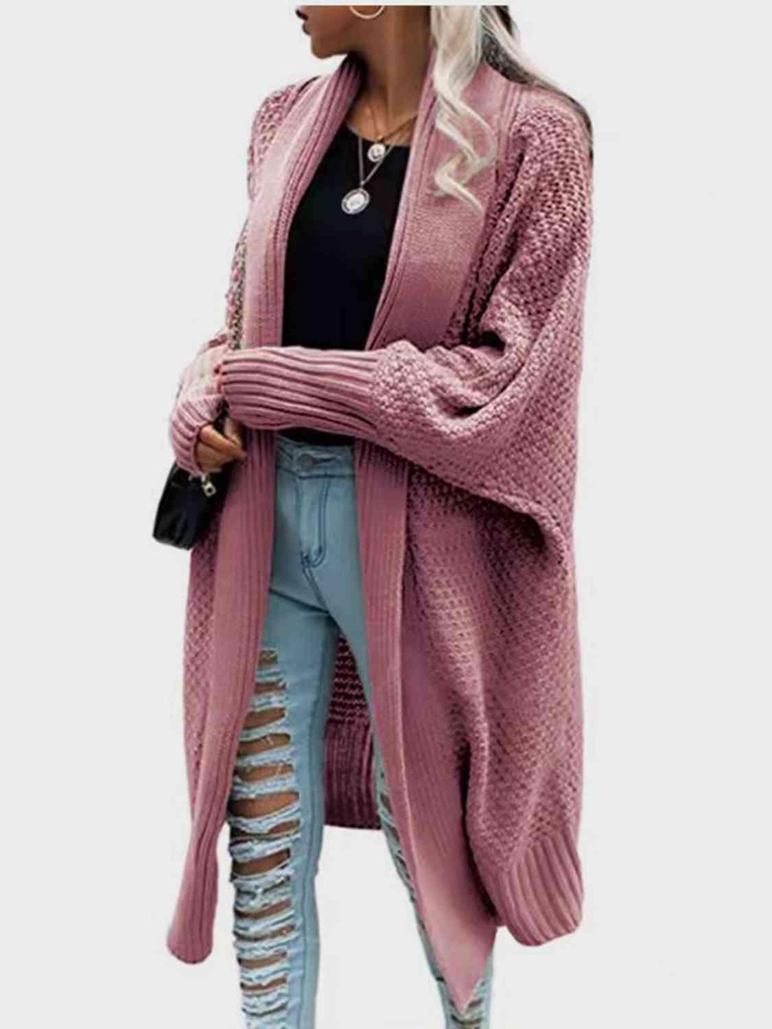 Open Front Long Sleeve Cardigan - Browngold Fashion