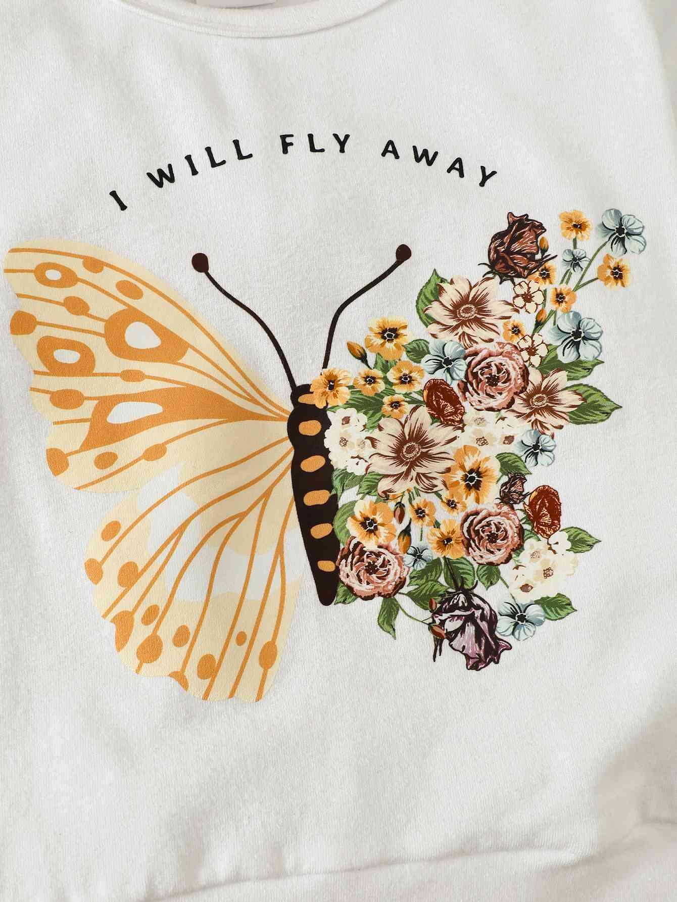 I Will FLY AWAY Butterfly Graphic Tee and Floral Print Flare Pants Kit - Browngold Fashion