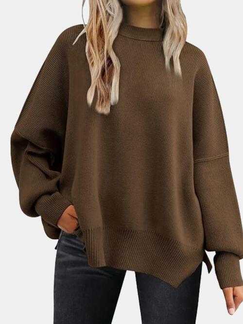 Round Neck Drop Shoulder Slit Sweater - Browngold Fashion