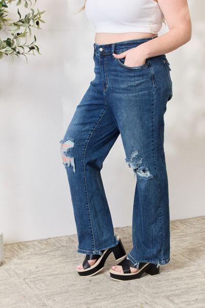 Judy Blue Full Size High Waist 90's Distressed Straight Jeans - Browngold Fashion