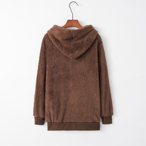 Quarter-Zip Drawstring Teddy Hoodie - Browngold Fashion