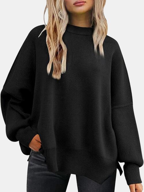 Round Neck Drop Shoulder Slit Sweater - Browngold Fashion