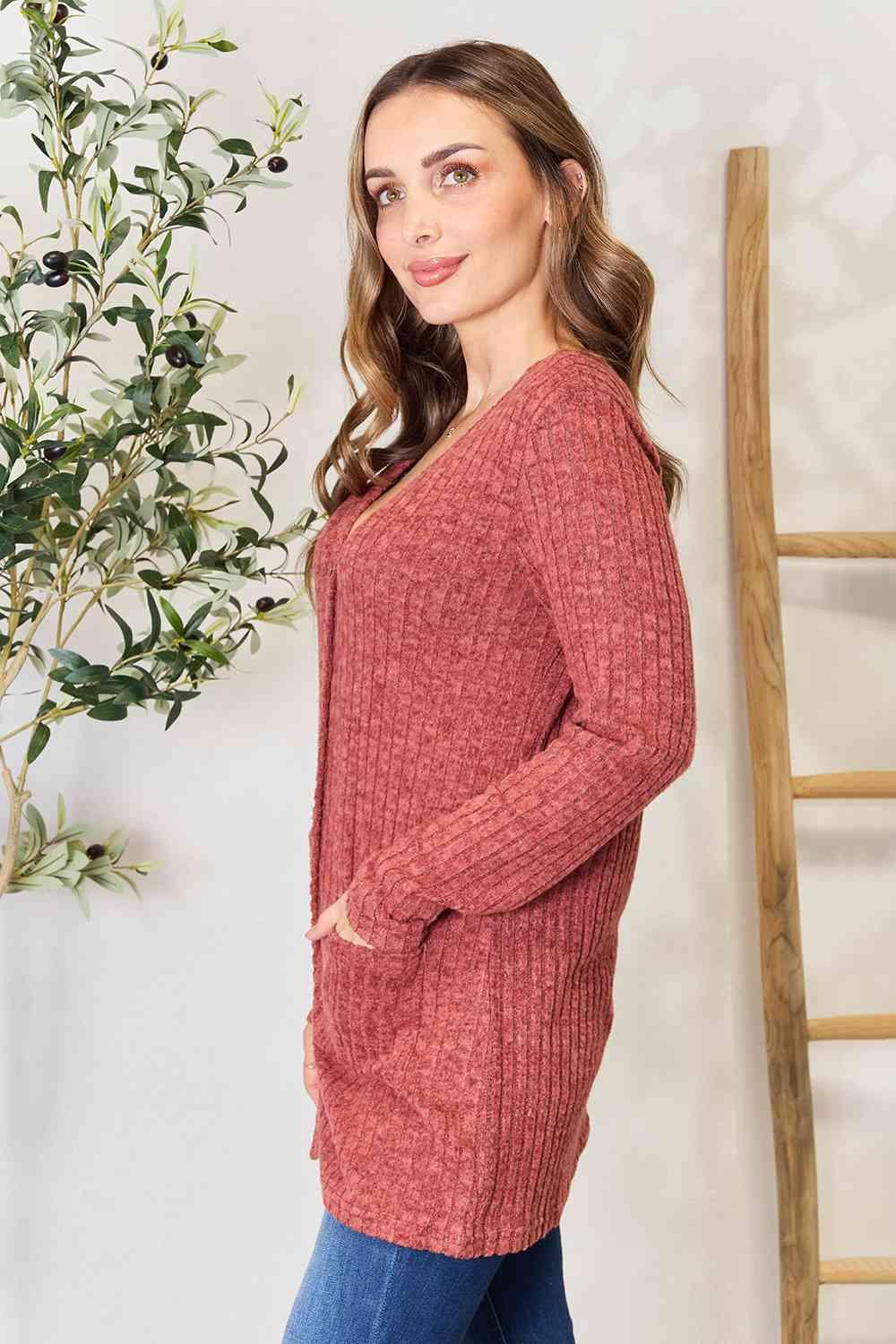 Double Take Ribbed Button-Up Cardigan with Pockets - Browngold Fashion