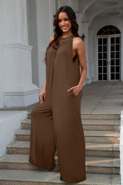 Double Take Full Size Tie Back Cutout Sleeveless Jumpsuit - Browngold Fashion