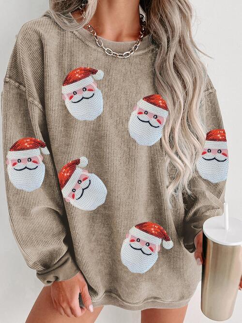 Sequin Santa Patch Ribbed Sweatshirt - Browngold Fashion