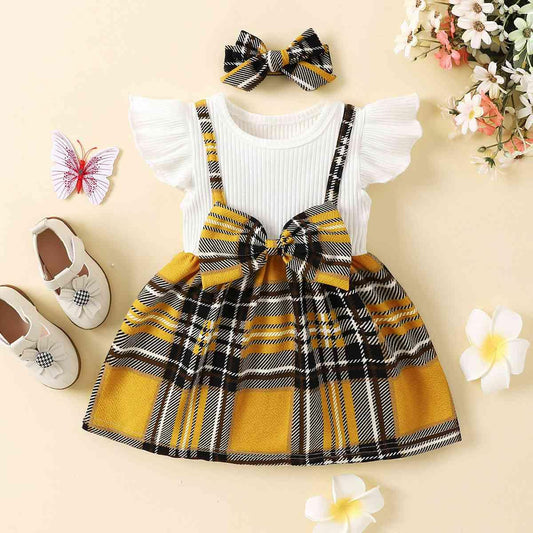 Plaid Print Bow Detail Dress - Browngold Fashion