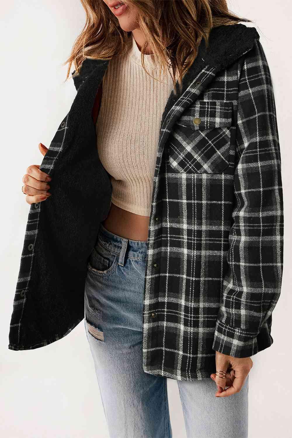 Plaid Snap Down Hooded Jacket - Browngold Fashion